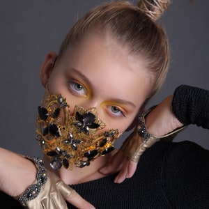 Crystal Mouth Face Mask Gold Black Driver Gloves Rave Festival Burning Man Facemask Face Piece Halloween Steampunk Goth Half Rider Festival