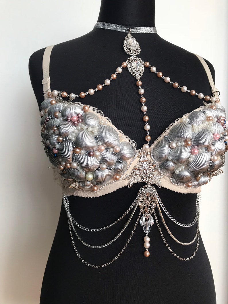 Mermaid Bra Shell Silver Nude Dance seashell Raw Wedding Tiara top costume Sea Bridal Beach Victoria/'s Secret Fashion Show invitation Beige
