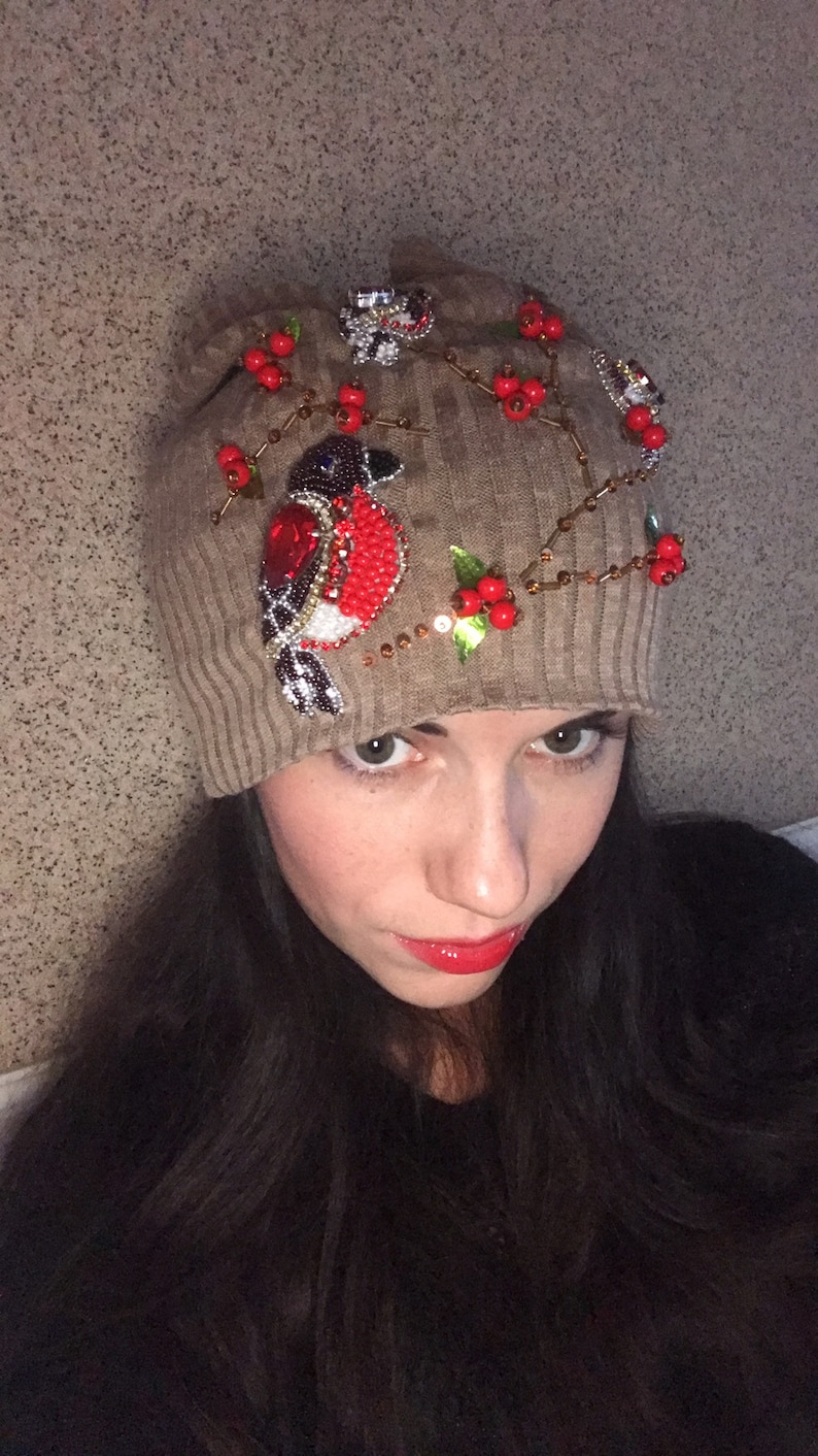 Crystal Rhinestone Autumn Winter Hat Beige Red Birds Crystals Headband with Bling Embellished knit Holiday Gift Women Teen Girl Fashion
