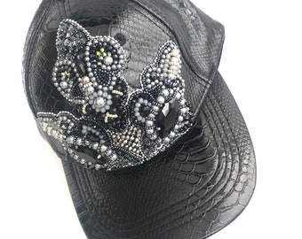 Embroidery Custom Ball Cap Bridal Hat Sequins Embellished For Women Imitation Patent Leather Black Hand Baseball Distressed Cap Fashion Dolc