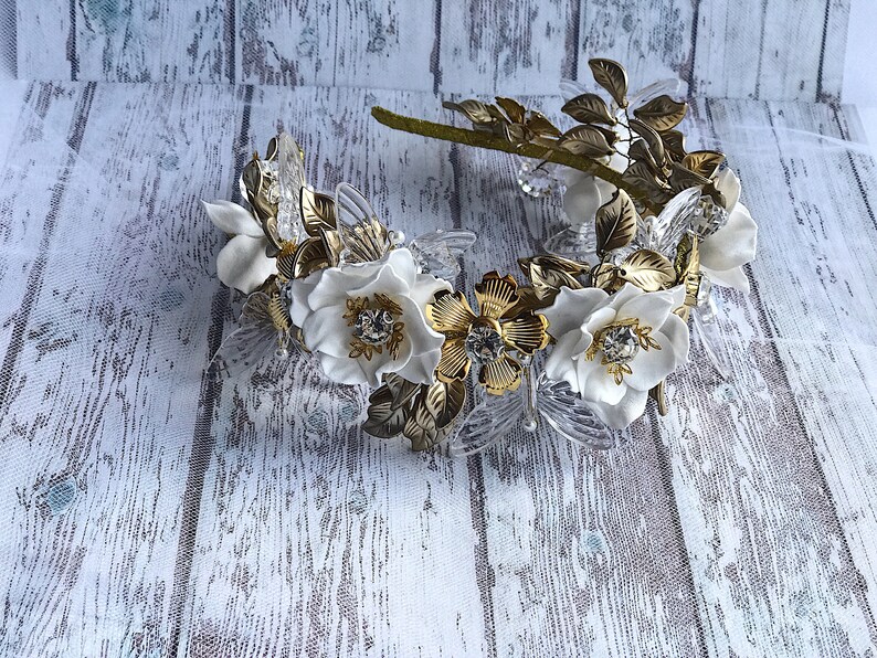 Flower 2024 gifts Wedding Crown Tiara Headband Gold Leaves White Floral Rhinestones replica Bridal Floral Rustic Bohemian pagan jewelry image 4