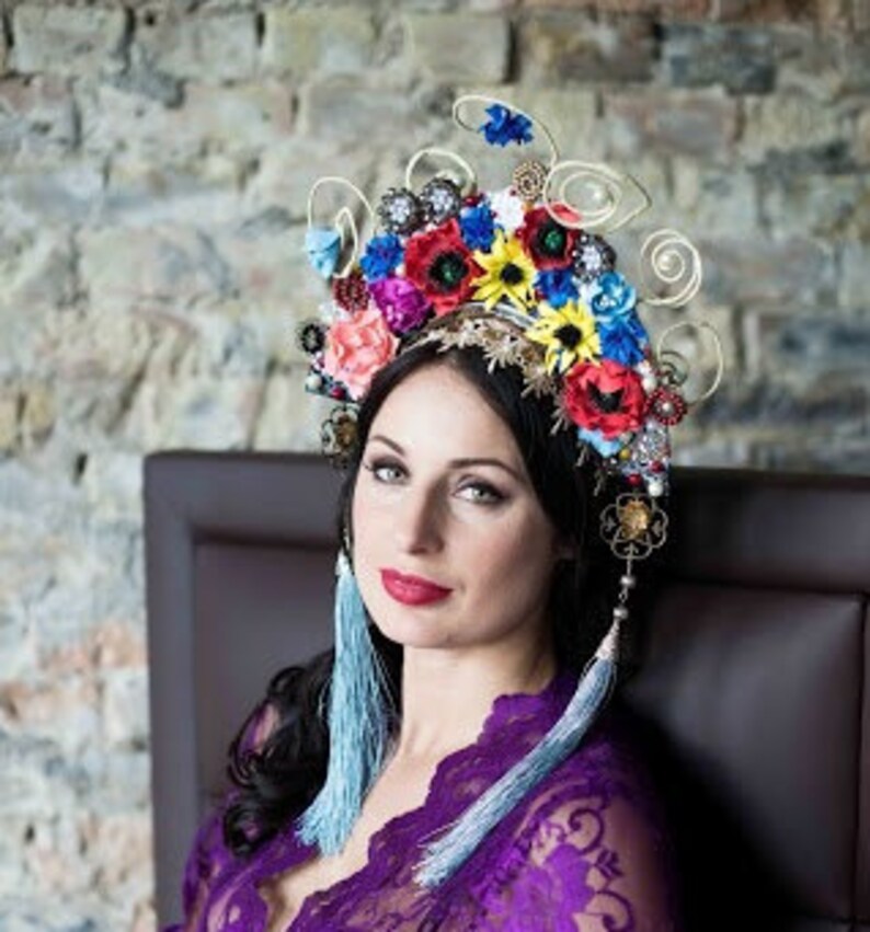 Fryzura Festiwal Korona Krajowego Kwiat Kokoshnik Czerwony Etsy