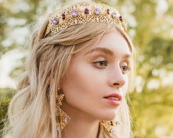 Lilac Wedding Crown Bridal Gold Filigree Tiara Swarovski Crystal headpiece Purple Large Earrings headband byzantine jewelry gold metal event