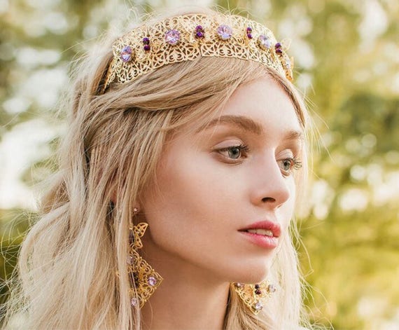 Lilac Wedding Crown Bridal Gold Filigree Tiara Swarovski Crystal