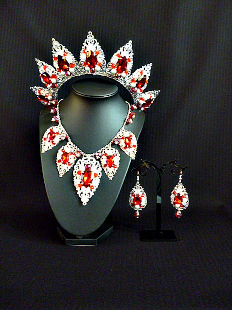 Silver Red Siam Tiara Crown and earrings Necklace Jewelry Baroque Halloween Wedding Bridal Set Gift For Wife Birthday Party dancer headdress image 3