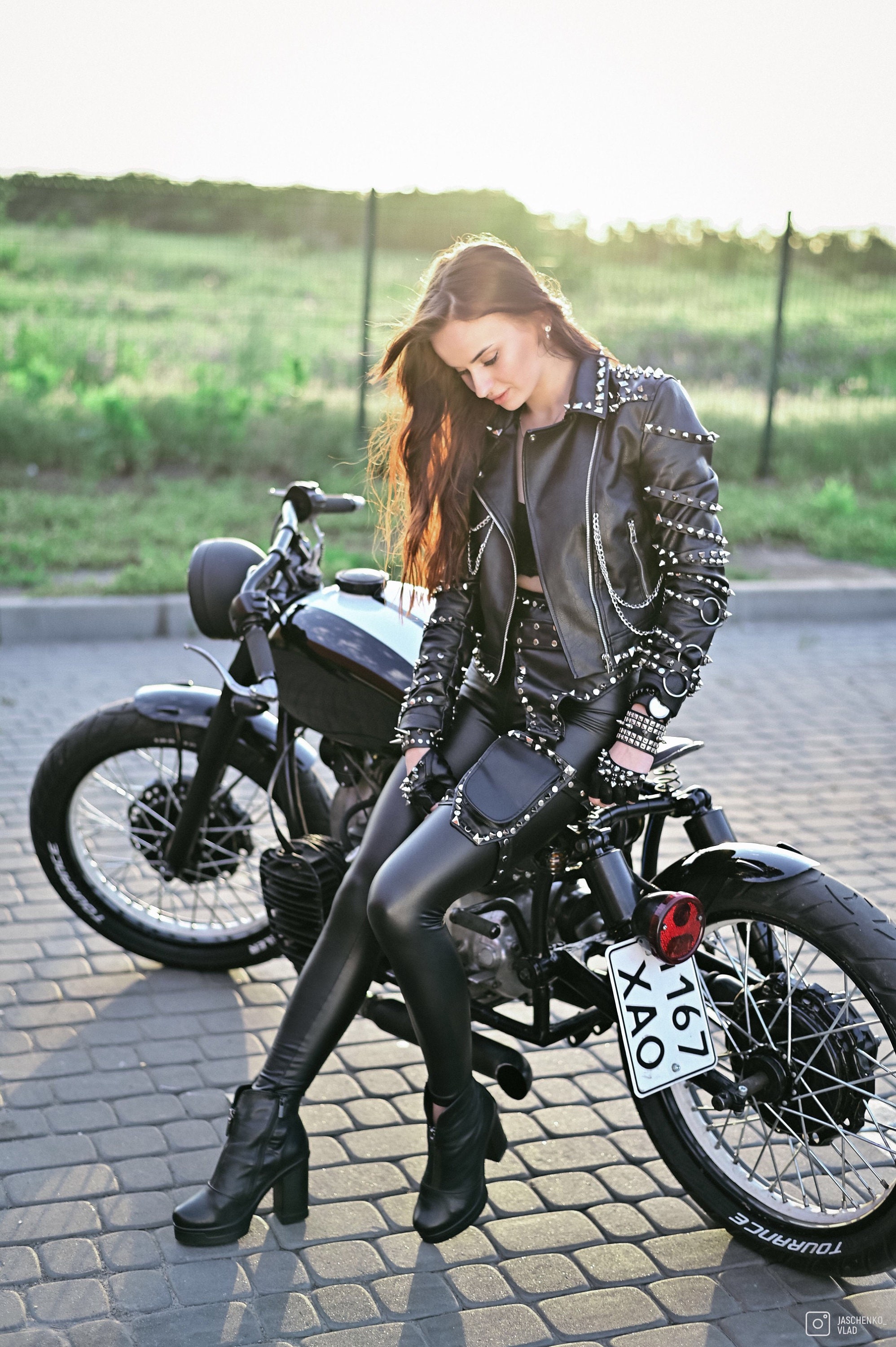 sexy motorcycle clothes for women Sexy Woman Leather Suit On Motorcycle Stock Photo 64250755