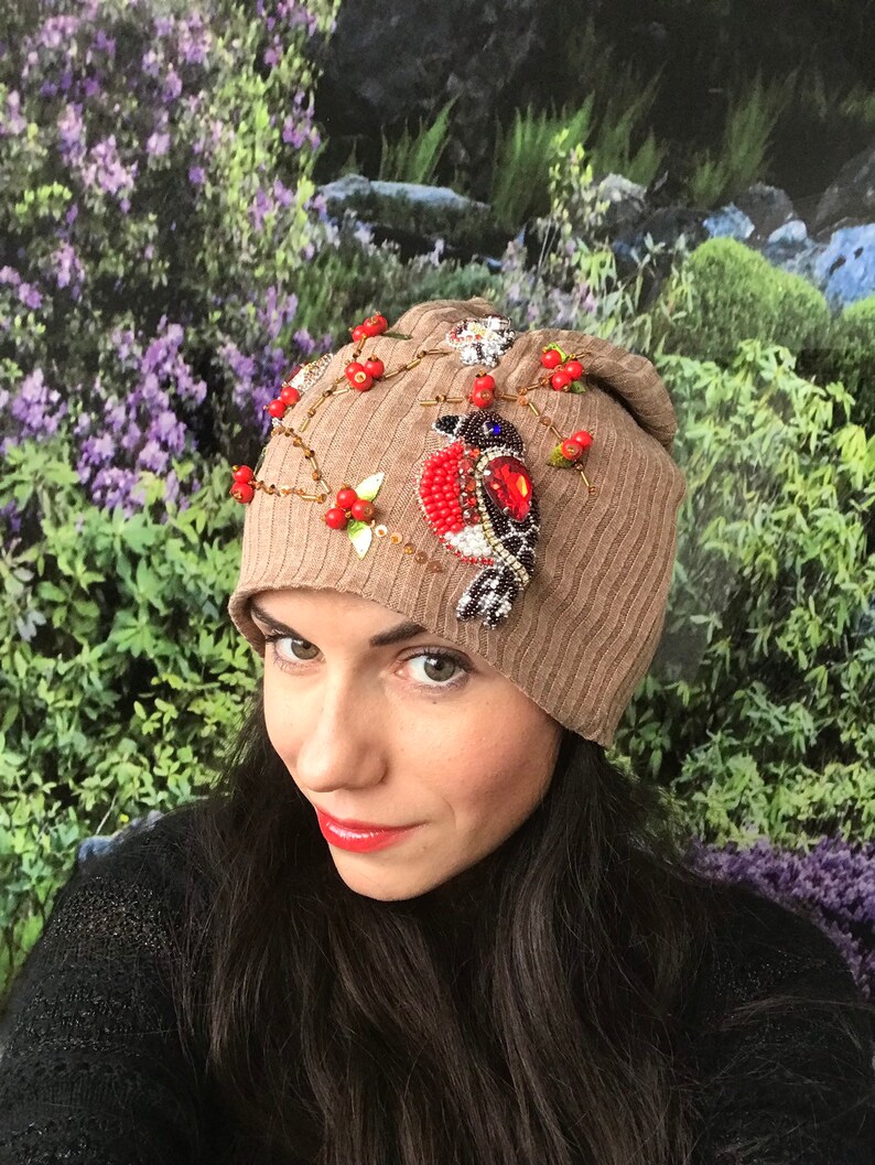 Crystal Rhinestone Autumn Winter Hat Beige Red Birds Crystals Headband with Bling Embellished knit Holiday Gift Women Teen Girl Fashion