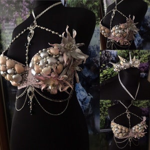 Custom Mermaid Bra Shell Black Pale Pink Pearl Silver Flower Crown Dance seashell Raw Wedding Tiara top costume Sea Bridal Set