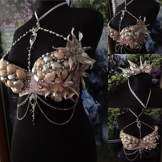 Custom Mermaid Bra Shell Black Pale Pink Pearl Silver Flower Crown Dance  Seashell Raw Wedding Tiara Top Costume Sea Bridal Set 