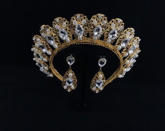 Gouden Tiara Heldere Kristallen Oorbellen Bruids Bruiloft Diamante Sieraden Cadeau Haaraccessoires Diadeem Bruidsmeisje Hoofddeksel Verjaardag Hoofdband Koninklijk