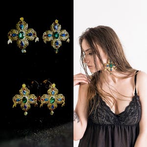 Baroque Cross Dolce Earrings Chandelier Gold Earrings Large Corss Swarovski Earrings Green Blue Red Womens Gift Byzantine Earrings Dangle image 1