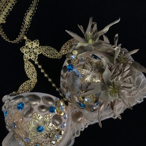 Mermaid Costume Aquamarine Custom Bra Shell Sexy Flower Dance seashell Blue Gold Bra Raw Adult Wedding Top Sea Bridal
