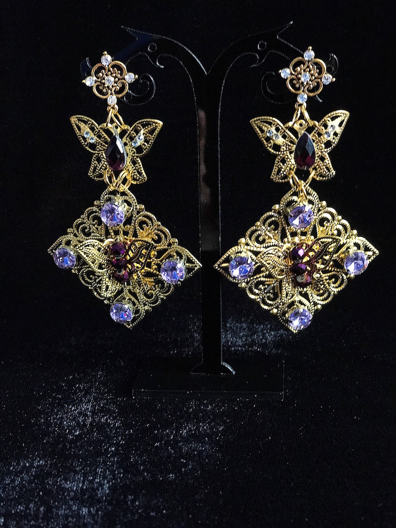 Lilac Wedding Crown Bridal Gold Filigree Tiara Swarovski Crystal headpiece Purple Large Earrings headband byzantine jewelry gold metal event image 5