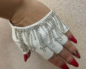 fingerless gloves rhinestone wedding white faux leather black clear crystal stone driving women wedding fashion gloves sleeve bracelet