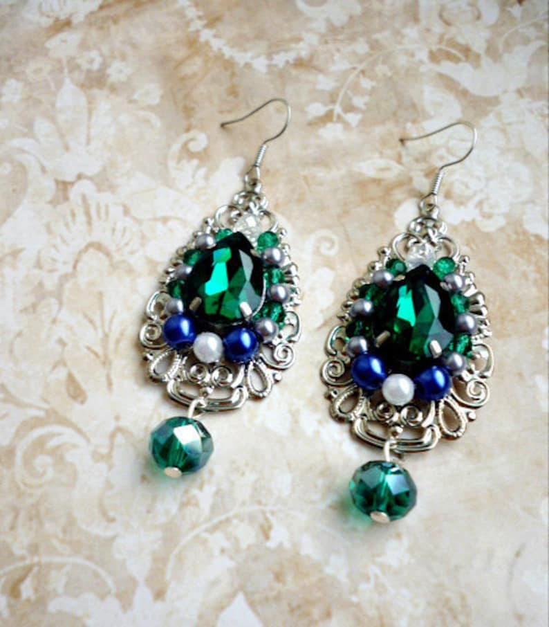 Baroque Emerald Crystals Filigree earrings handmade vintage long earrings Renaissance earrings earrings gift Green crystal earrings image 2