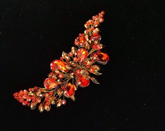 Orange Crystal Bridal Headpiece Hair Piece For Brides Bridesmaids Custom Hair Vine Wedding Grenadine Crystal Gold Wedding headpiece Hair Pin