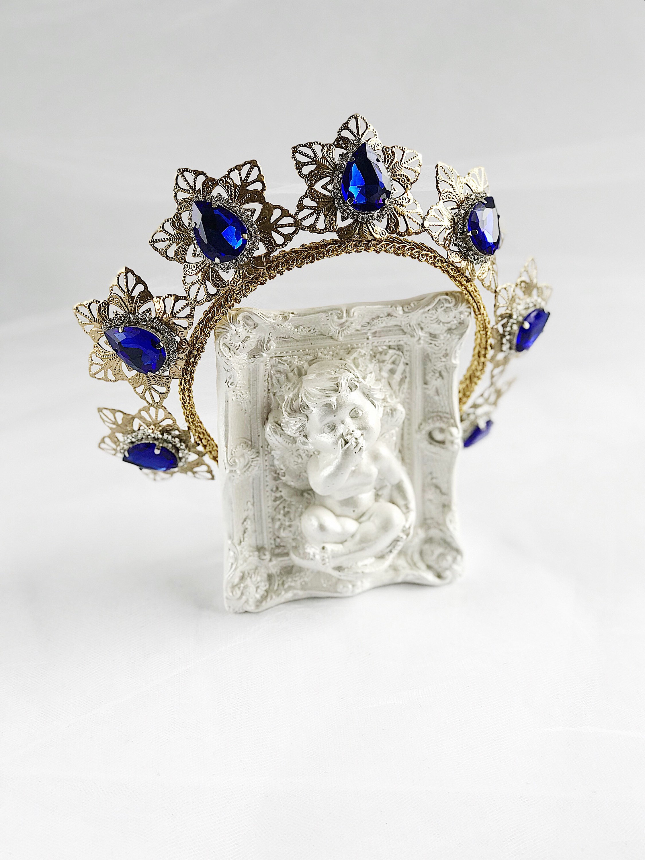 Couronne Royale Homme Dorée à Cristaux | Diadème Medieval Pour Costume | Mariage, Halloween, Fête | Bleu