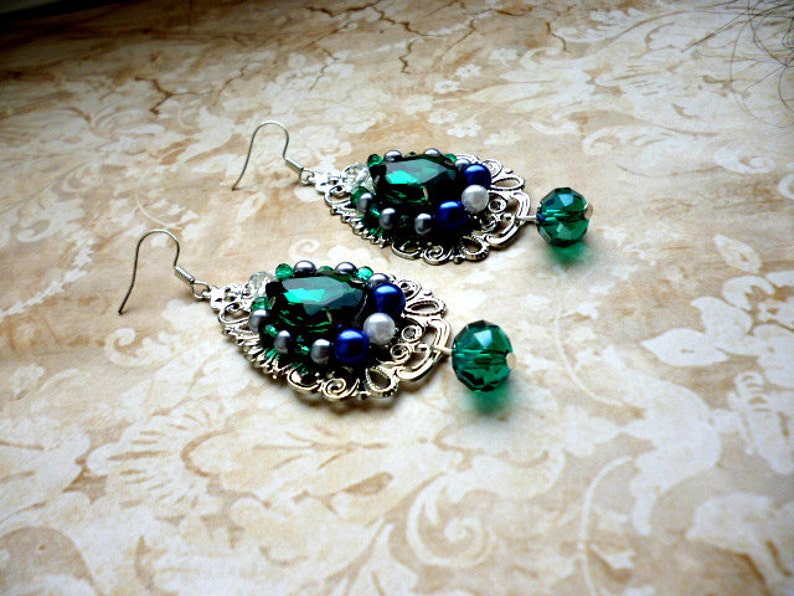 Baroque Emerald Crystals Filigree earrings handmade vintage long earrings Renaissance earrings earrings gift Green crystal earrings image 5