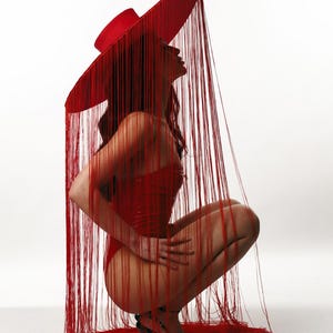 Red fringe hat, fringe hat, photo shoot hat, party hat, fringe, futuristic costume, floor length fringe photoshoot, Hat With Fringes Crazy