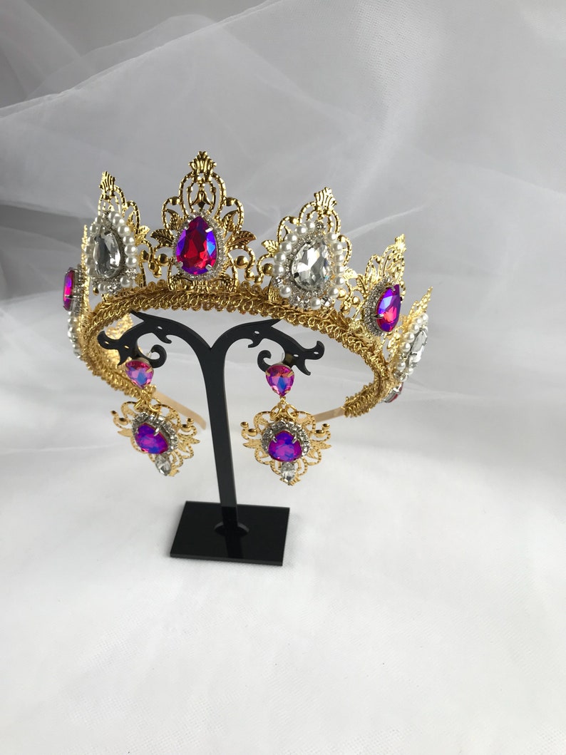 Queen Crown Tiara Gold Pink Jewelry Set Crystal Pearls Wedding Etsy