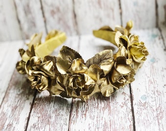 Gold Flower Crown Christmas Headband Headpiece Wedding Bridesmaid Dolce Style Golden Leaf Floral Party Outfit Accessories Hiar Wreath Girl