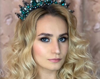 Black Emerald Crystal Wedding Crown Prom Party Tiara Royal Bridal Queen Bridesmaid Christmas Party Green Headband Headpiece Diadem Medieval