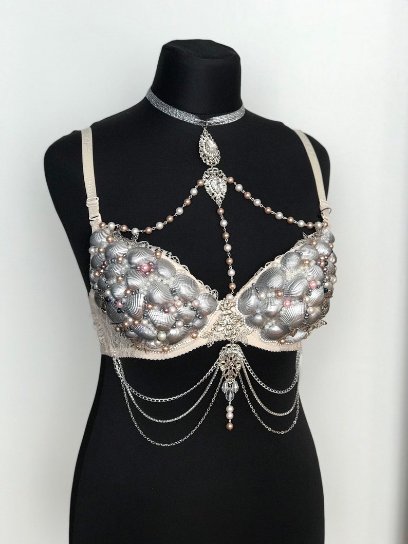 Mermaid Bra Shell Silver Nude Dance seashell Raw Wedding Tiara top costume Sea Bridal Beach Victoria/'s Secret Fashion Show invitation Beige