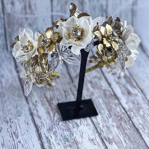 Flower 2024 gifts Wedding Crown Tiara Headband Gold Leaves White Floral Rhinestones replica Bridal Floral Rustic Bohemian pagan jewelry image 2