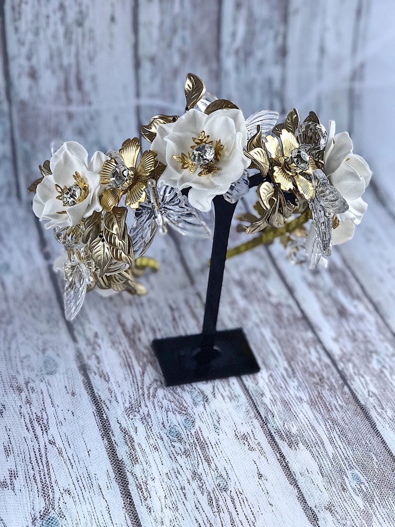 Flower 2024 gifts Wedding Crown Tiara Headband Gold Leaves White Floral Rhinestones replica Bridal Floral Rustic Bohemian pagan jewelry image 2