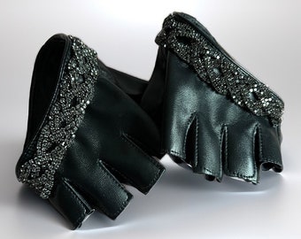 Vingerloze handschoenen zwarte wanten strass zwart kristal kunstleer kristal steen rijden auto damesmode handschoenen mouw armband