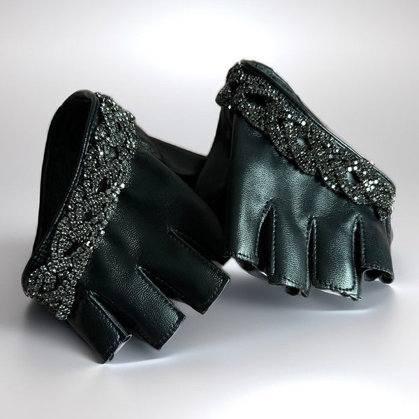 Mitaines mitaines noires strass cristal noir faux cuir cristal pierre conduite voiture femmes mode gants manche bracelet