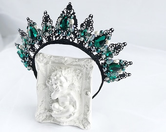 Black Emerald Crystal Crown Prom Party Tiara Royal Wedding Bridal Queen Bridesmaid Accessories Hair Green Headband Headpiece Diadem Medieval