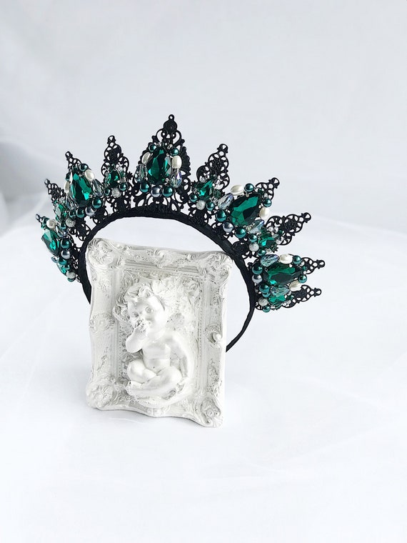 Black Emerald Crystal Crown Prom Party Tiara Royal Wedding  display picture 3