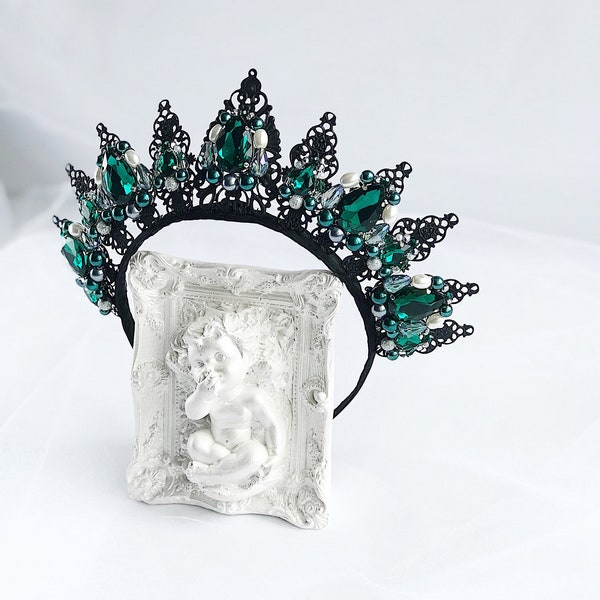 Black Emerald Crystal Crown Prom Party Tiara Royal Wedding Bridal Queen Bridesmaid Accessories Hair Green Headband Headpiece Diadem Medieval