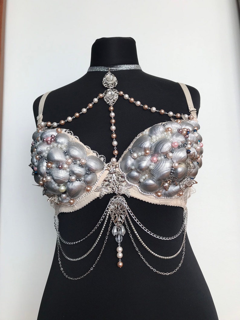 Mermaid Bra Shell Silver Nude Dance seashell Raw Wedding Tiara top costume Sea Bridal Beach Victoria/'s Secret Fashion Show invitation Beige