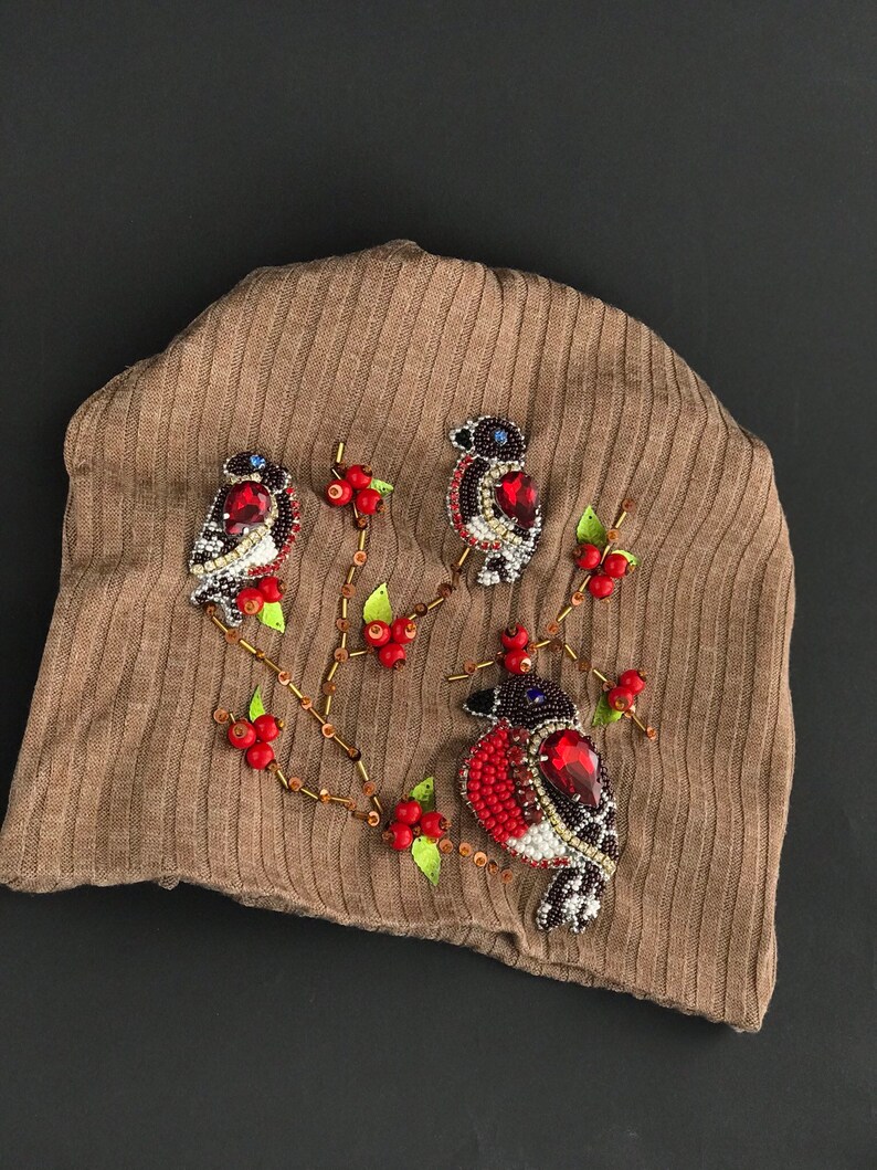 Crystal Rhinestone Autumn Winter Hat Beige Red Birds Crystals Headband with Bling Embellished knit Holiday Gift Women Teen Girl Fashion