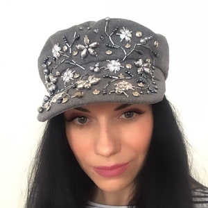 Newsboy classic cap Swarovski Gray Embroidery Winter Hat Crystals Embellished Fashionable Gift Mom Wife Girl Spring Fashion Dolce Crown