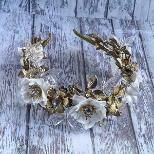 Flower 2024 gifts Wedding Crown Tiara Headband Gold Leaves White Floral Rhinestones replica Bridal Floral Rustic Bohemian pagan jewelry image 9