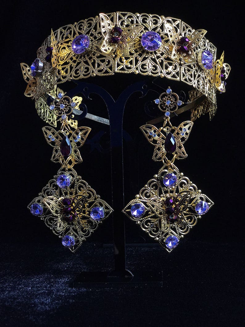 Lila bruiloft kroon bruids gouden filigraan tiara Swarovski kristal hoofddeksel paars grote oorbellen hoofdband Byzantijnse sieraden goud metaal evenement afbeelding 3