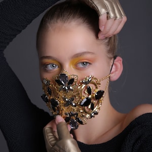 Crystal Mouth Face Mask Gold Black Driver Gloves Rave Festival Burning ...