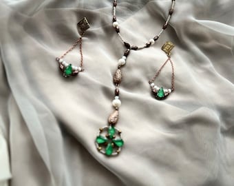 Minimalism Jewelry Set Pearl Rose Gold Green Crystal Dainty Ball Charms Chain Choker Necklace Silver earrings short necklace Stylish Jewelry