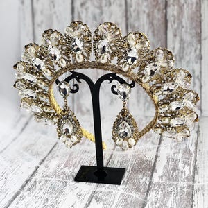 Gold Tiara Earrings Bridal Wedding Diamante Jewelry Gift Hair Accessories Diadem Crystal Bridesmaid Headpiece Birthday Headband Royal Queen