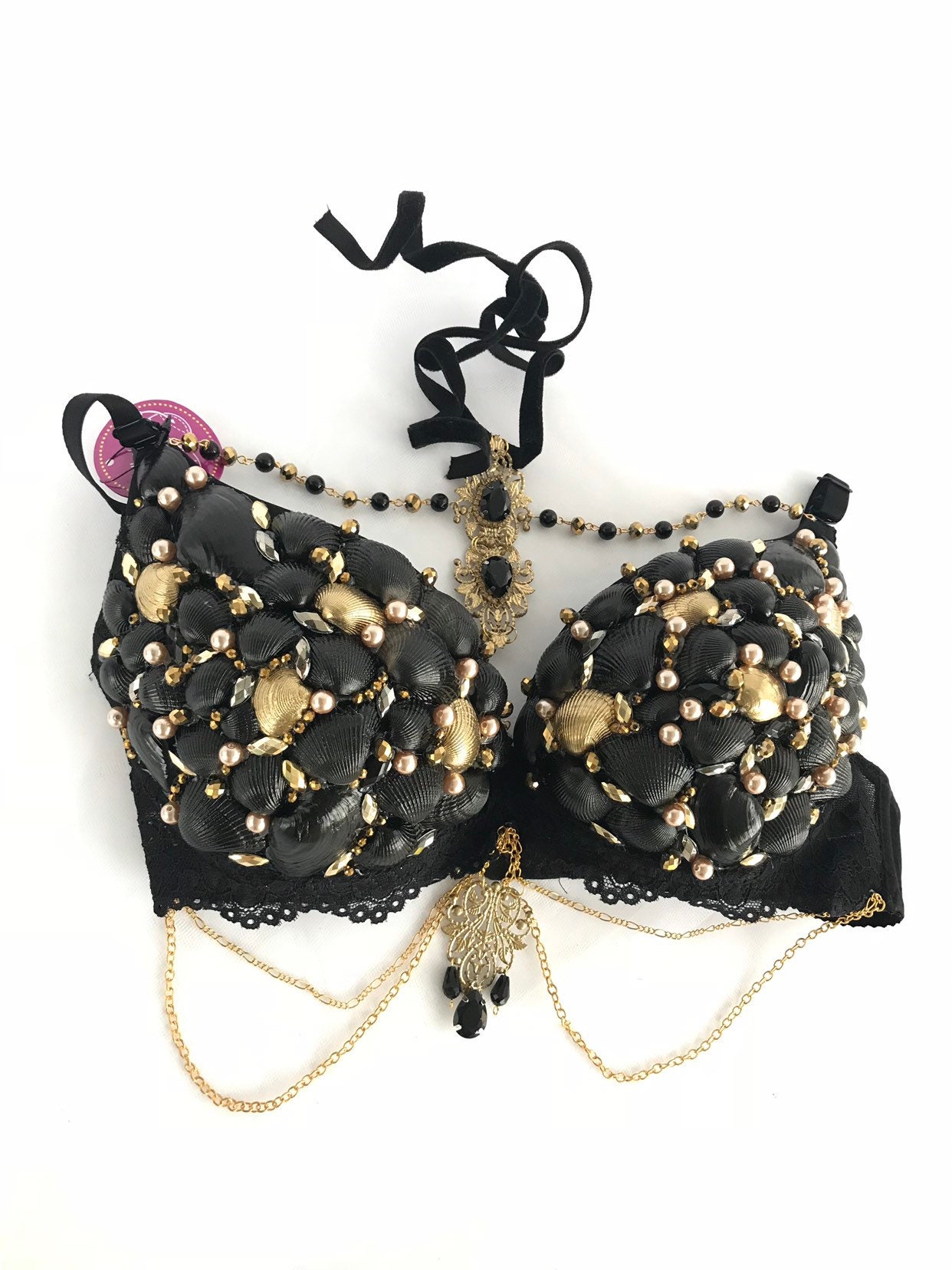Spangled Shell Bra Mermaid Bra Shell Black Gold Dance Seashell Raw Wedding Top Costume Sea ...