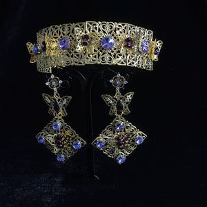 Lila bruiloft kroon bruids gouden filigraan tiara Swarovski kristal hoofddeksel paars grote oorbellen hoofdband Byzantijnse sieraden goud metaal evenement afbeelding 4