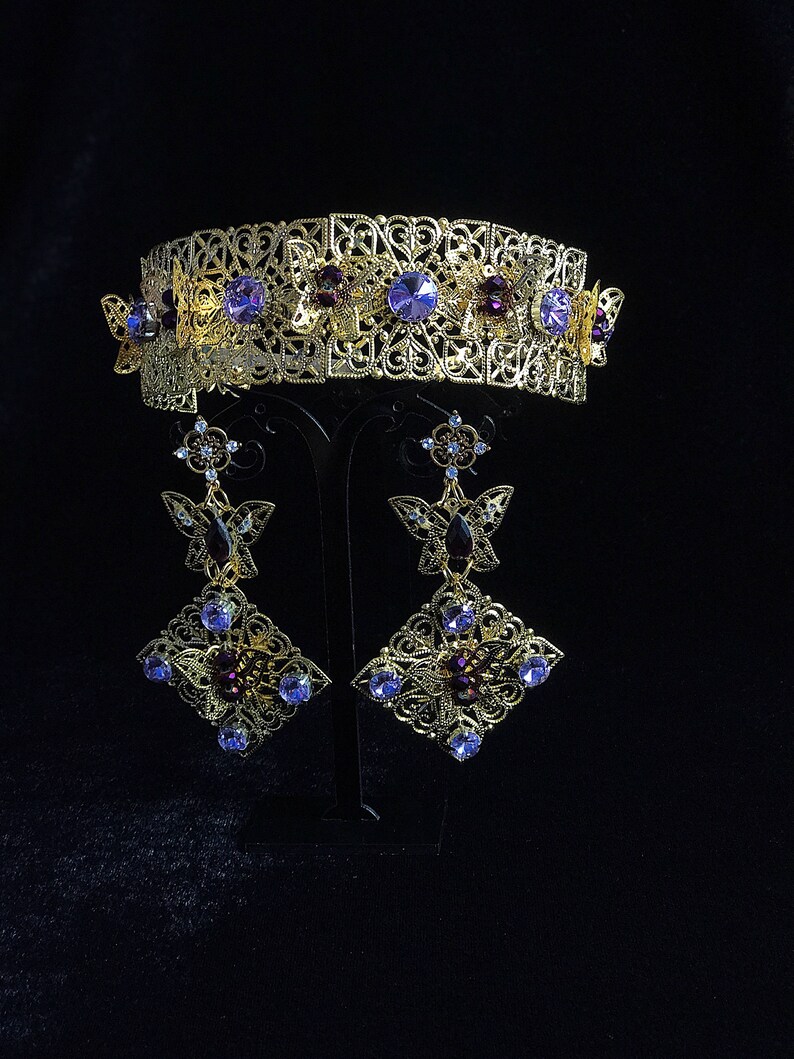 Flieder Hochzeit Krone Braut Gold filigrane Tiara Swarovski-Kristallkopfschmuck Lila Große Ohrringe Stirnband byzantinischen Schmuck Goldmetall Fall Bild 4