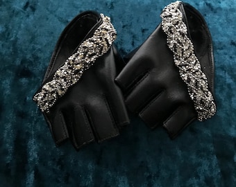 Custom for Marina fingerless gloves black rhinestone silver women faux leather crystal stone driving car women beads fashion gloves
