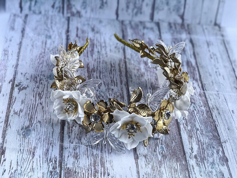 Flower 2024 gifts Wedding Crown Tiara Headband Gold Leaves White Floral Rhinestones replica Bridal Floral Rustic Bohemian pagan jewelry image 5