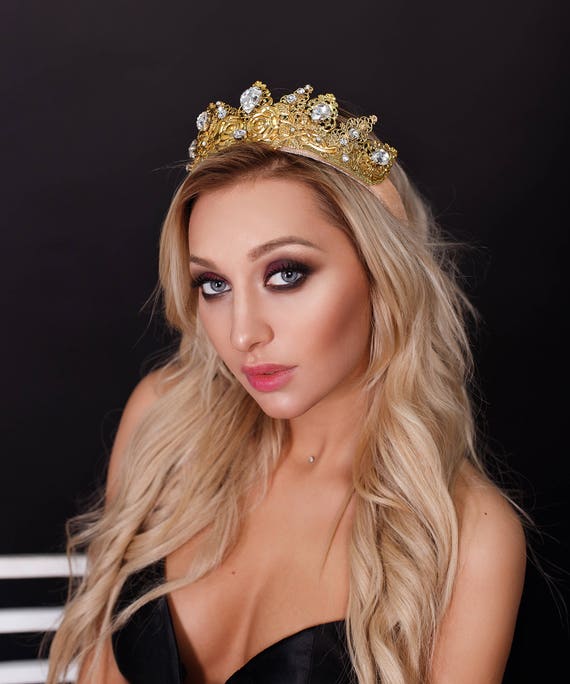Bride Gold Crown Headpiece Tiara Wedding Metal White  display picture 2