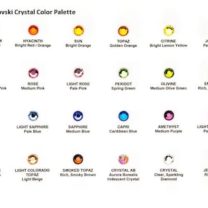 May include: A chart showing the Swarovski Crystal Color Palette with 18 different colors and their names. The colors are arranged in a grid of six rows and three columns. Each color is represented by a small circle with a description of the color below it.