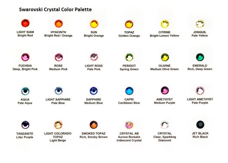 May include: A chart showing the Swarovski Crystal Color Palette with 18 different colors and their names. The colors are arranged in a grid of six rows and three columns. Each color is represented by a small circle with a description of the color below it.